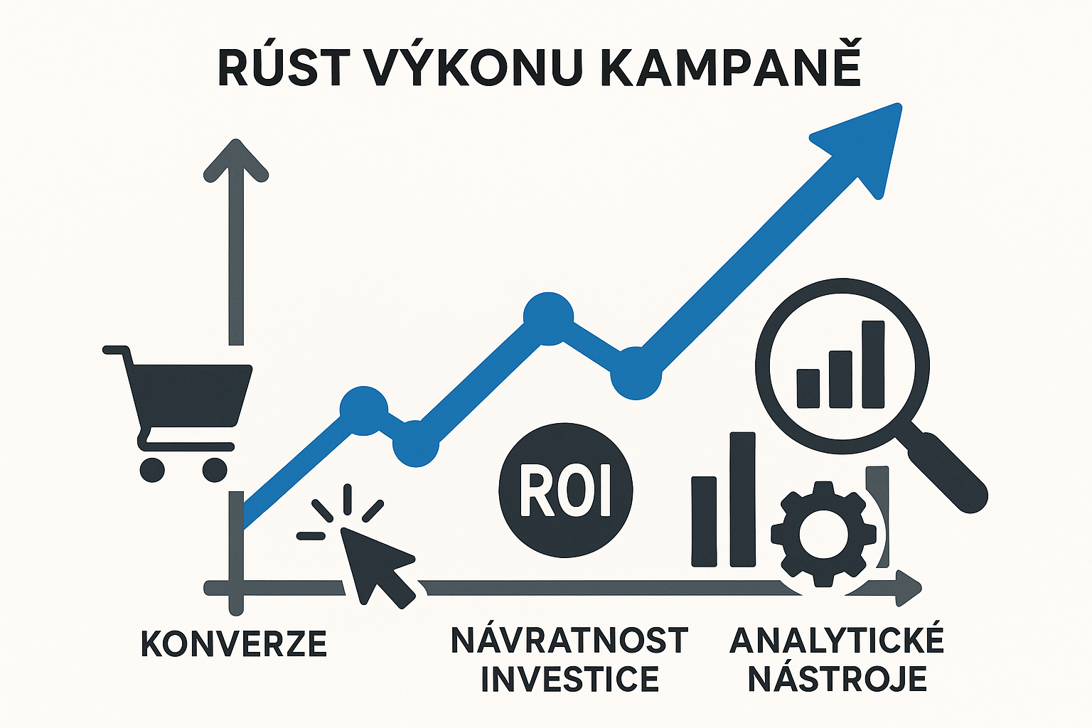Graf znázorňující růst výkonu kampaně, ukazatele jako konverze,