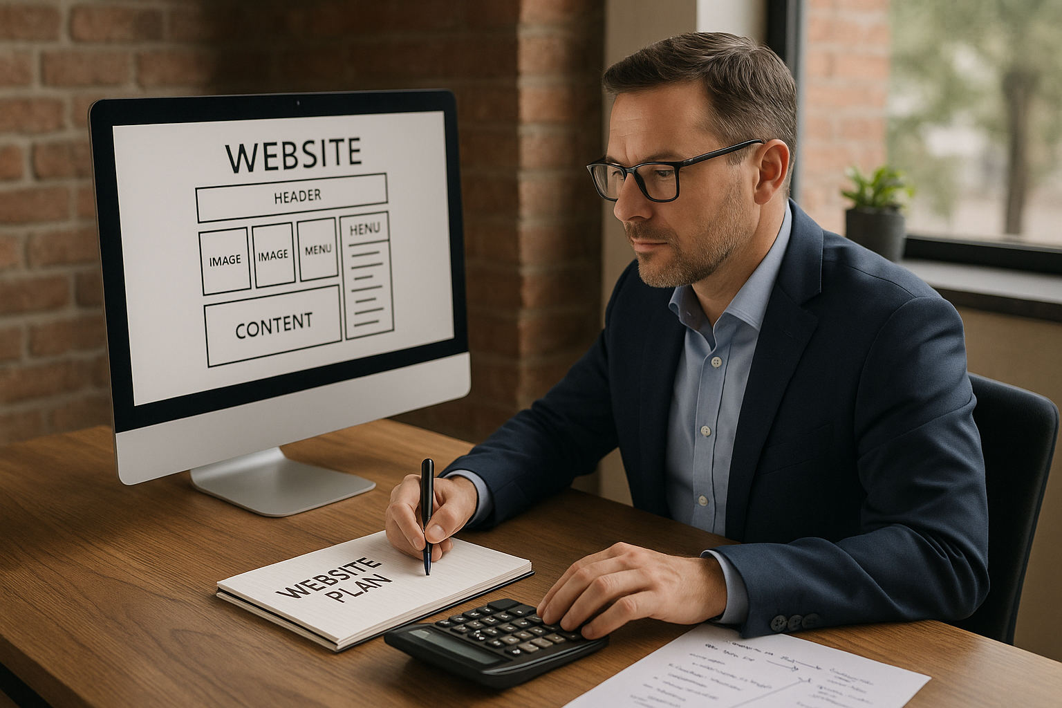 Muž sedící u počítače s poznámkami a plánováním nákladů na web