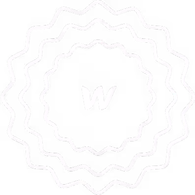White decorative badge with three concentric wavy rings and a lowercase 'w' in the center.