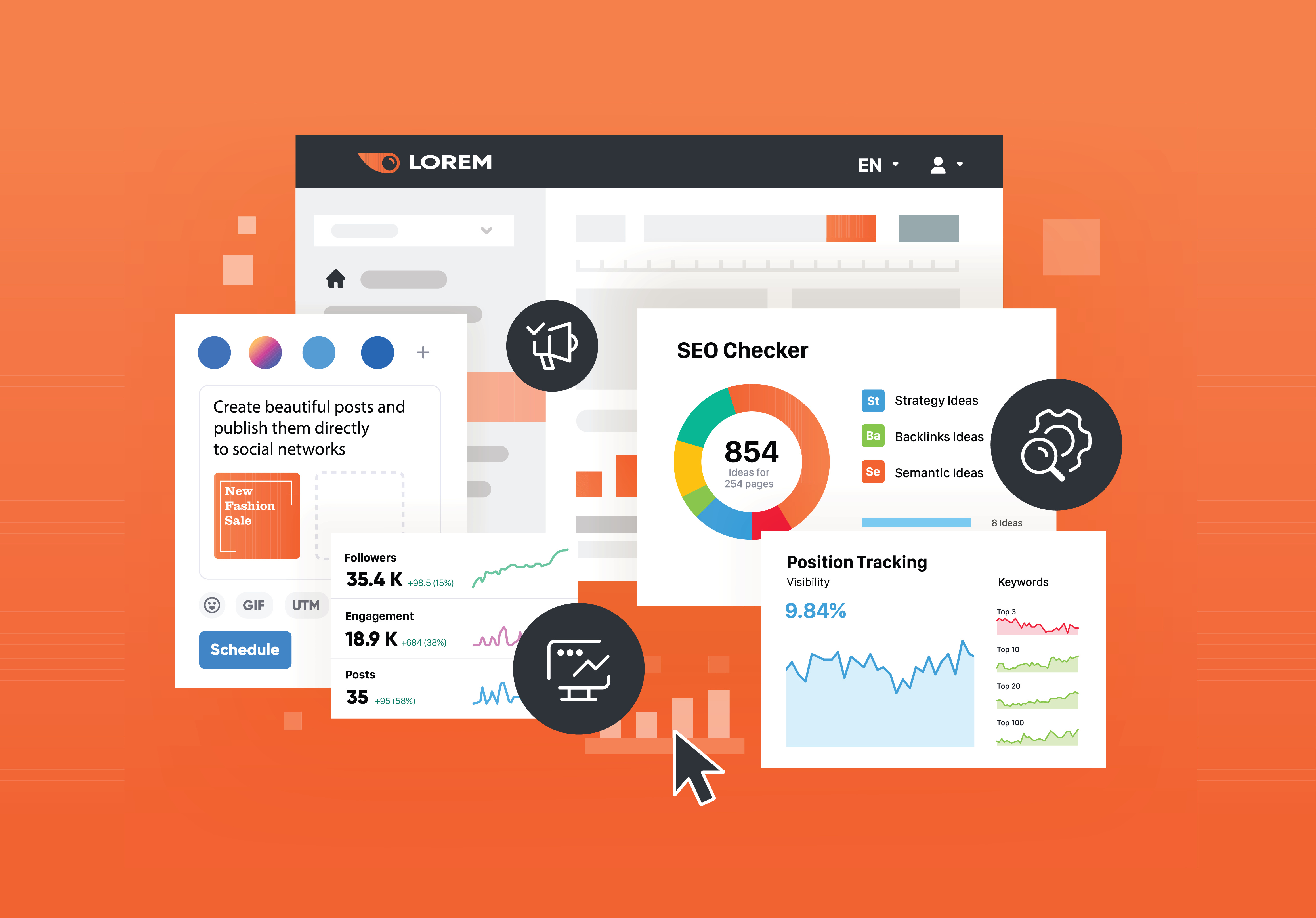 Obrázek symbolizujjícií online marketing a ppc reklamu, obsahuje marketingové ikony
