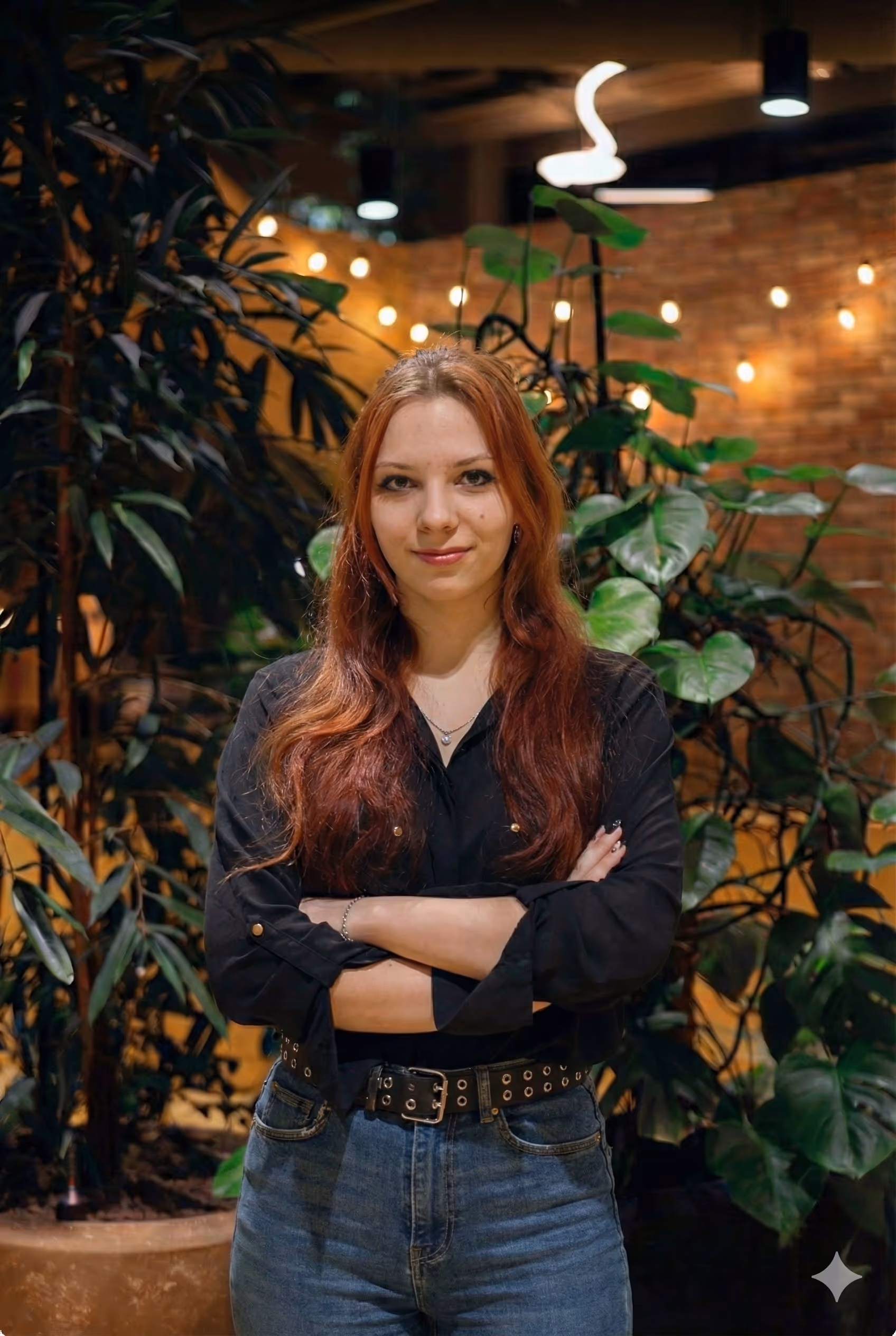 Confident red-haired woman in black shirt and jeans standing with arms crossed in a warmly lit indoor space with green plants and string lights.