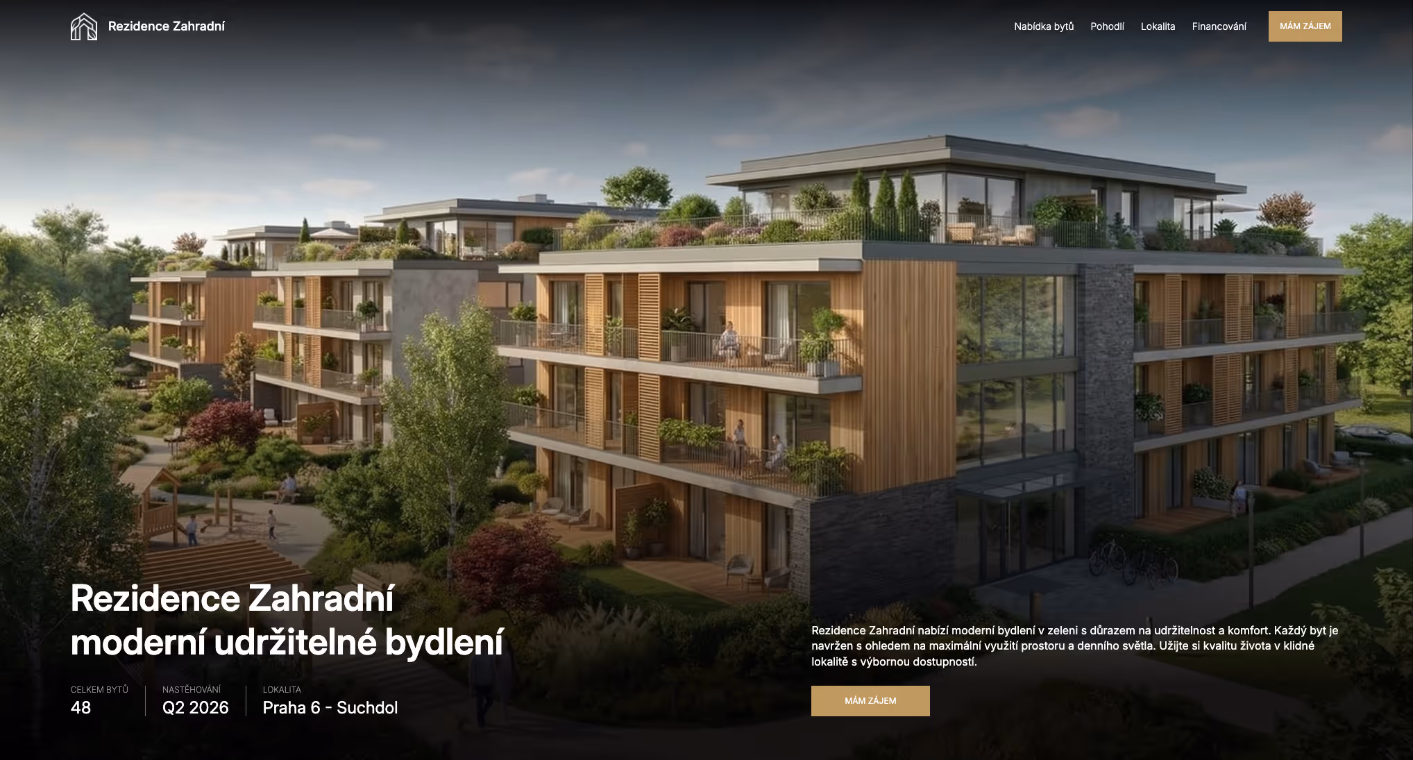 Moderní třípatrové bytové domy s dřevěným obložením a zelení kolem v rezidenční oblasti.