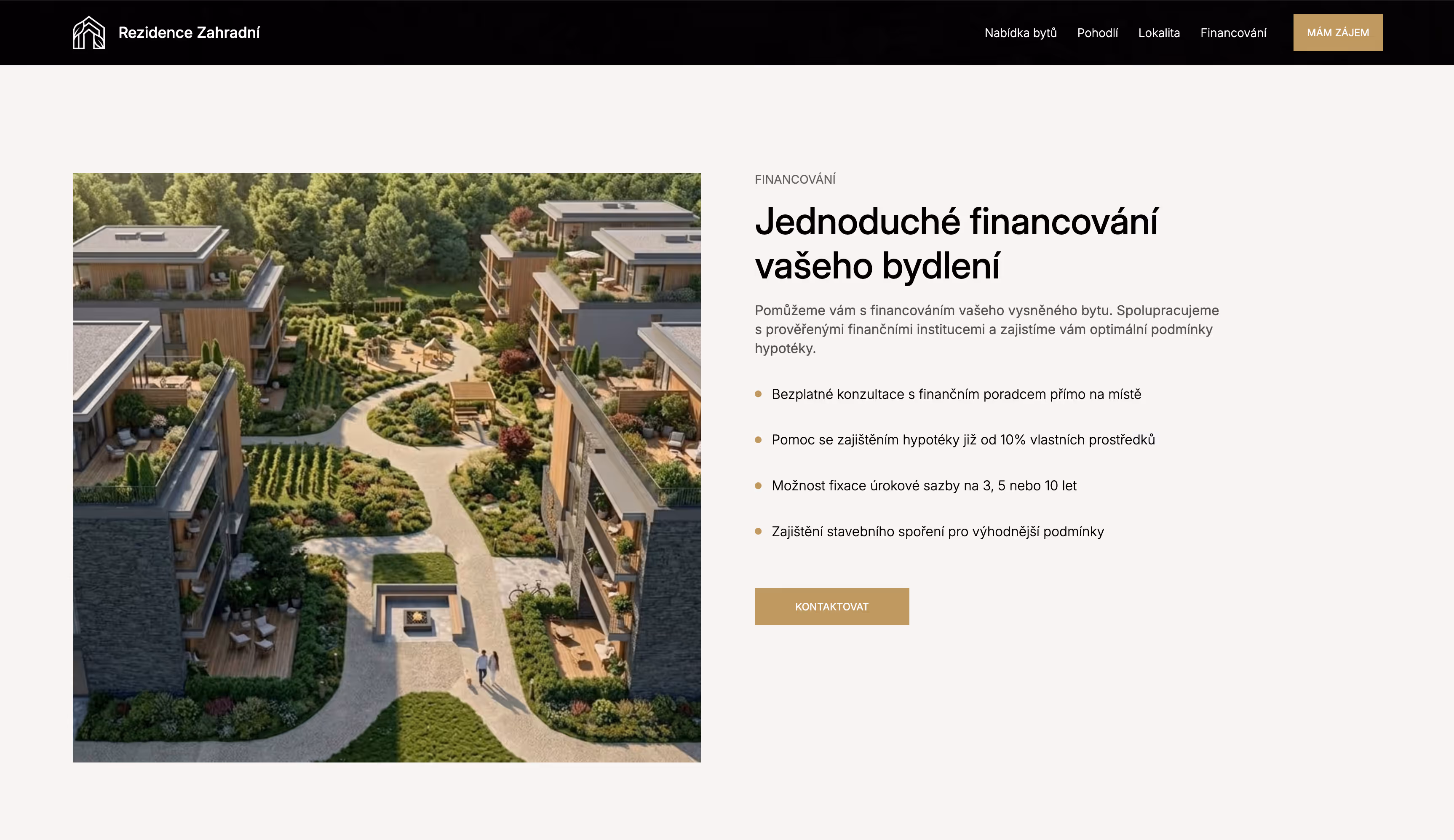 Ptačí pohled na moderní bytový komplex s terasami a zahradami obklopený zelení.