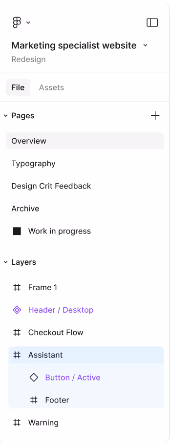 Screenshot of a design tool sidebar showing project 'Marketing specialist website' with sections for File and Assets, and expandable Pages and Layers lists.