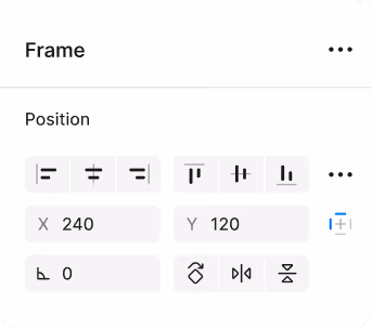 User interface panel labeled Frame showing position adjustment controls including alignment icons and X, Y coordinate inputs with value 240 and 120.